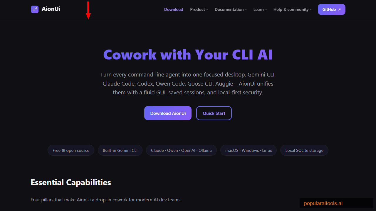 Aion UI official website showing Cowork with Your CLI AI headline and supported tools