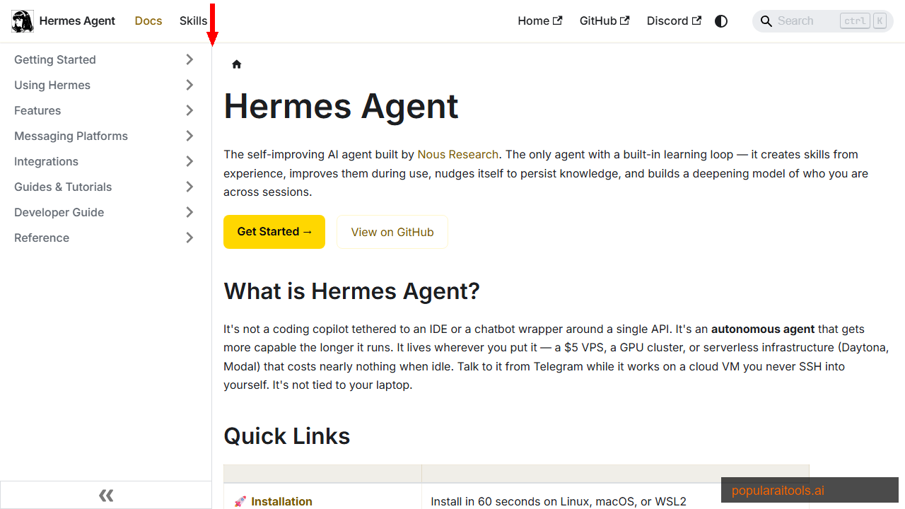 Hermes Agent documentation showing features, installation guide, and API reference