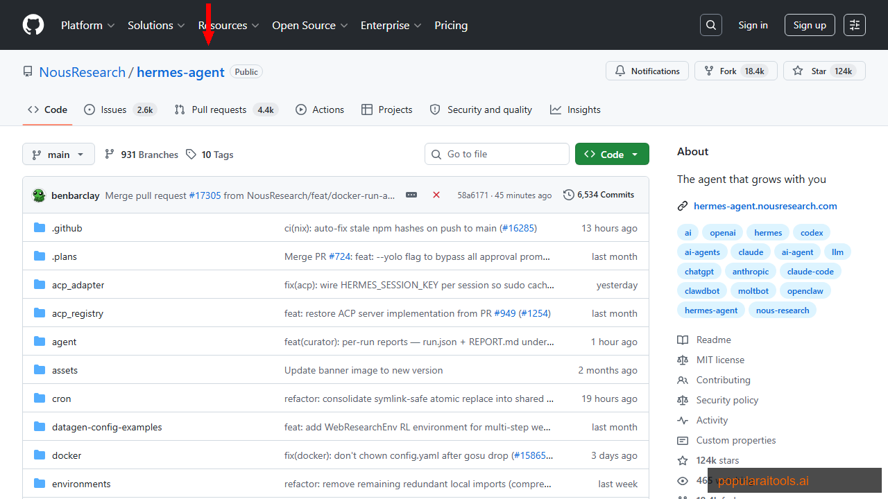 Hermes Agent GitHub repository showing 124K stars and active development