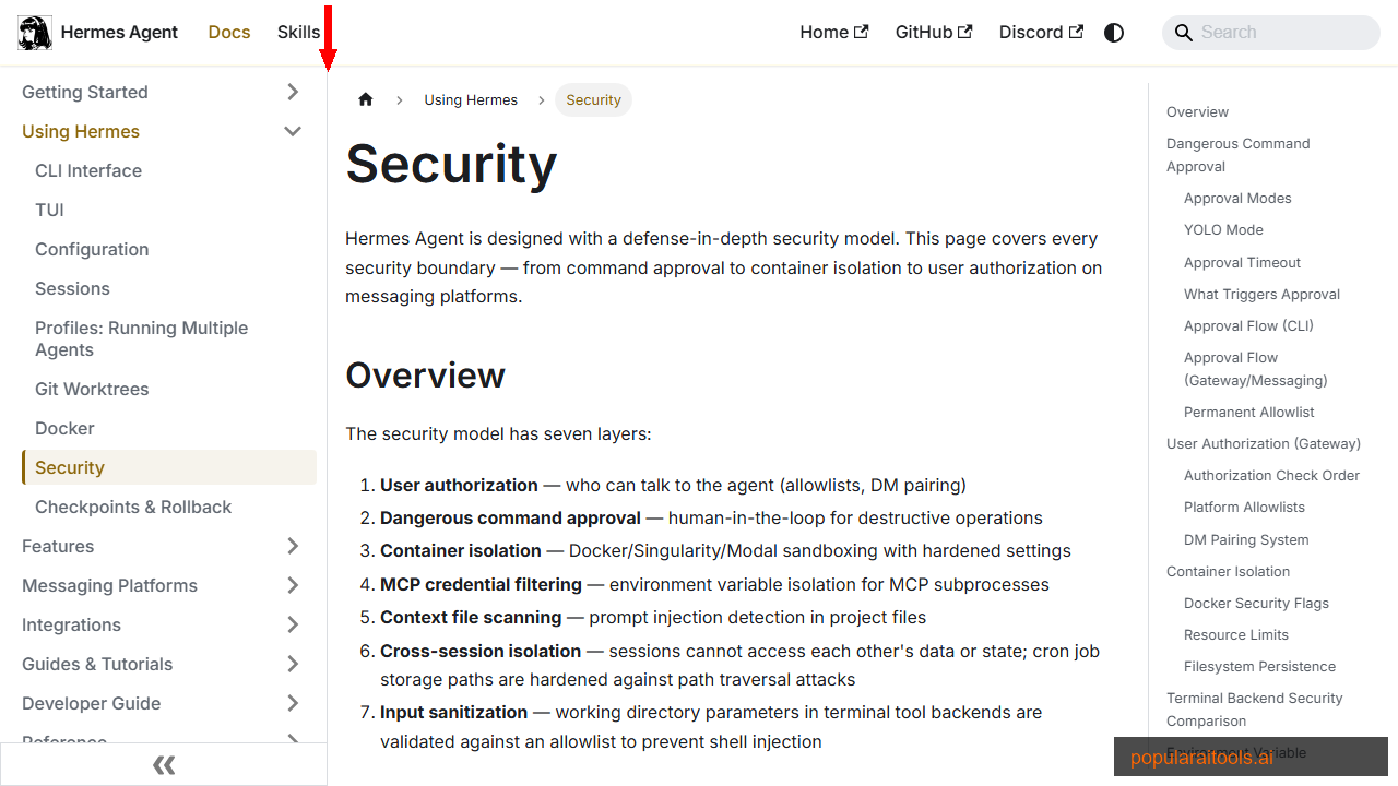 Hermes Agent security documentation showing defense-in-depth model, command approval, and container isolation