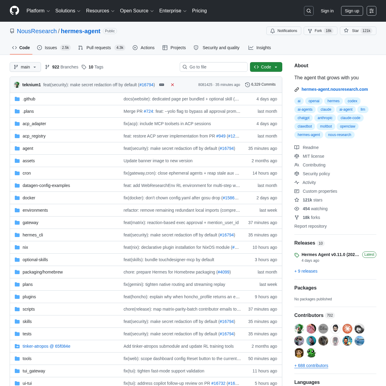 Hermes Agent GitHub repository showing 100K+ stars, MIT license, and comprehensive documentation