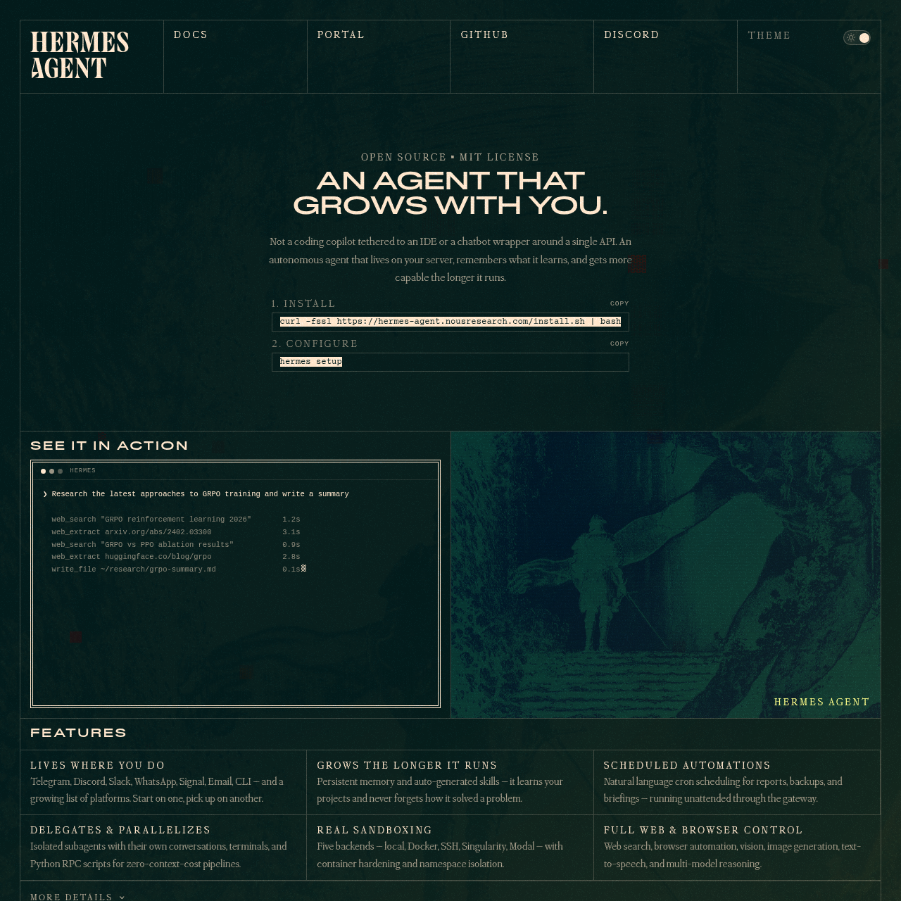 Hermes Agent homepage showing the tagline An Agent That Grows With You with install and setup instructions