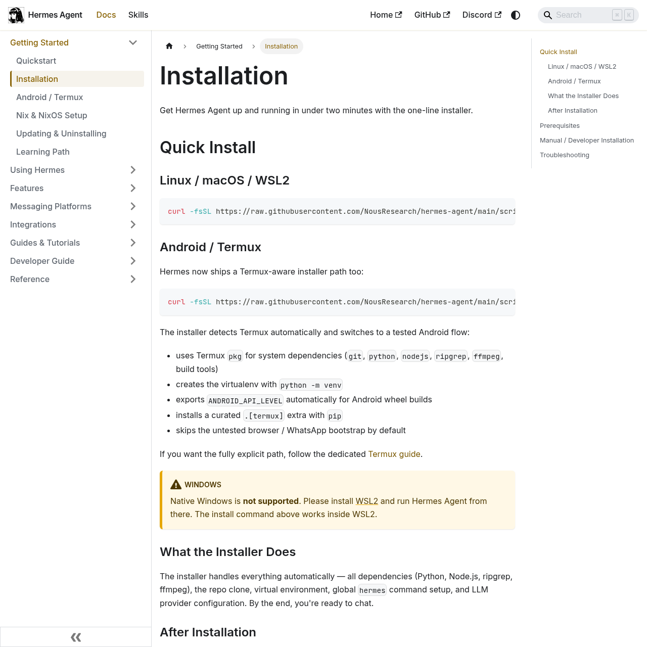 Hermes Agent installation documentation showing the one-line curl installer and setup instructions