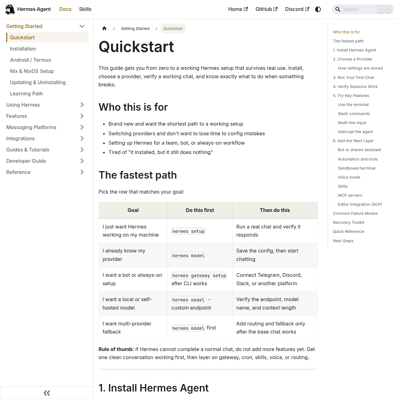 Hermes Agent quickstart documentation showing first conversation setup and key features to try