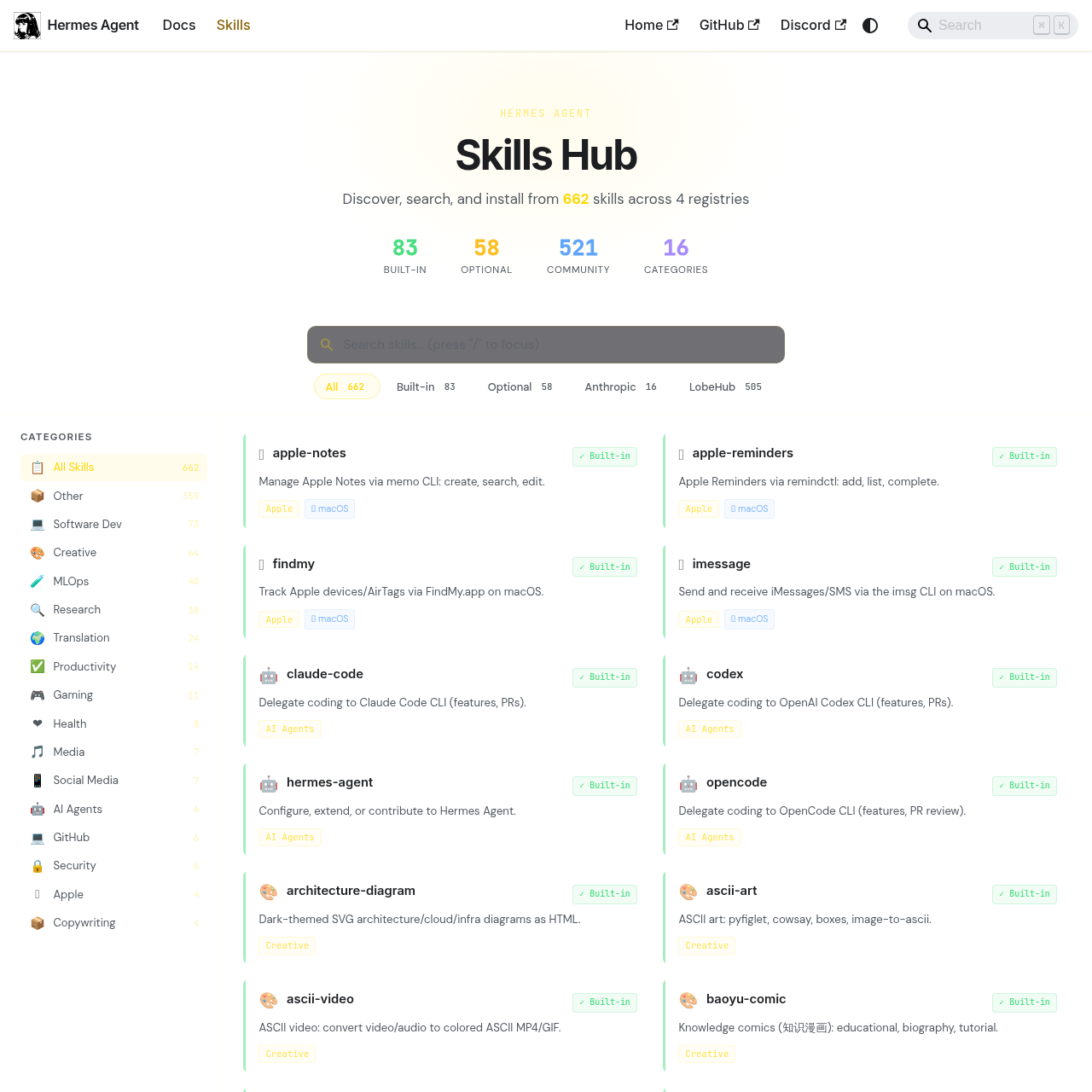 Hermes Agent Skills Hub showing 662 skills across 4 registries with categories like Software Dev, Creative, MLOps, Research, and more
