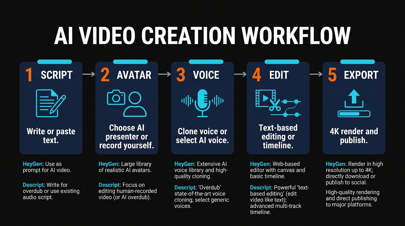 AI video creation workflow comparison showing HeyGen's avatar-first process vs Descript's edit-first process