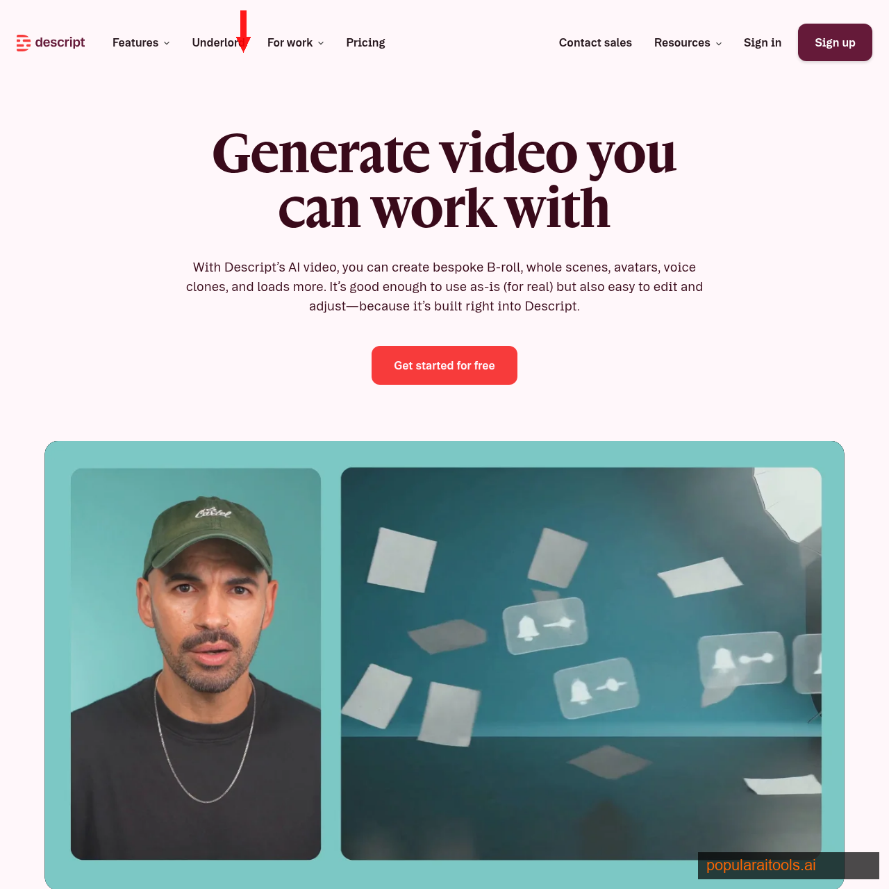 Descript AI video editing interface showing Underlord AI assistant and text-based editing
