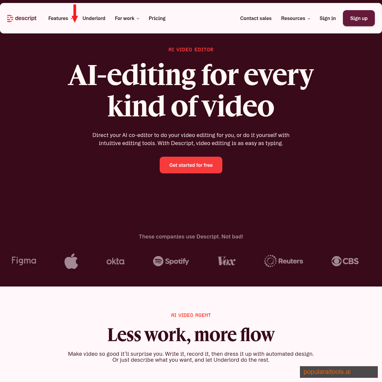 Descript homepage showing AI-editing for every kind of video with text-based editing interface