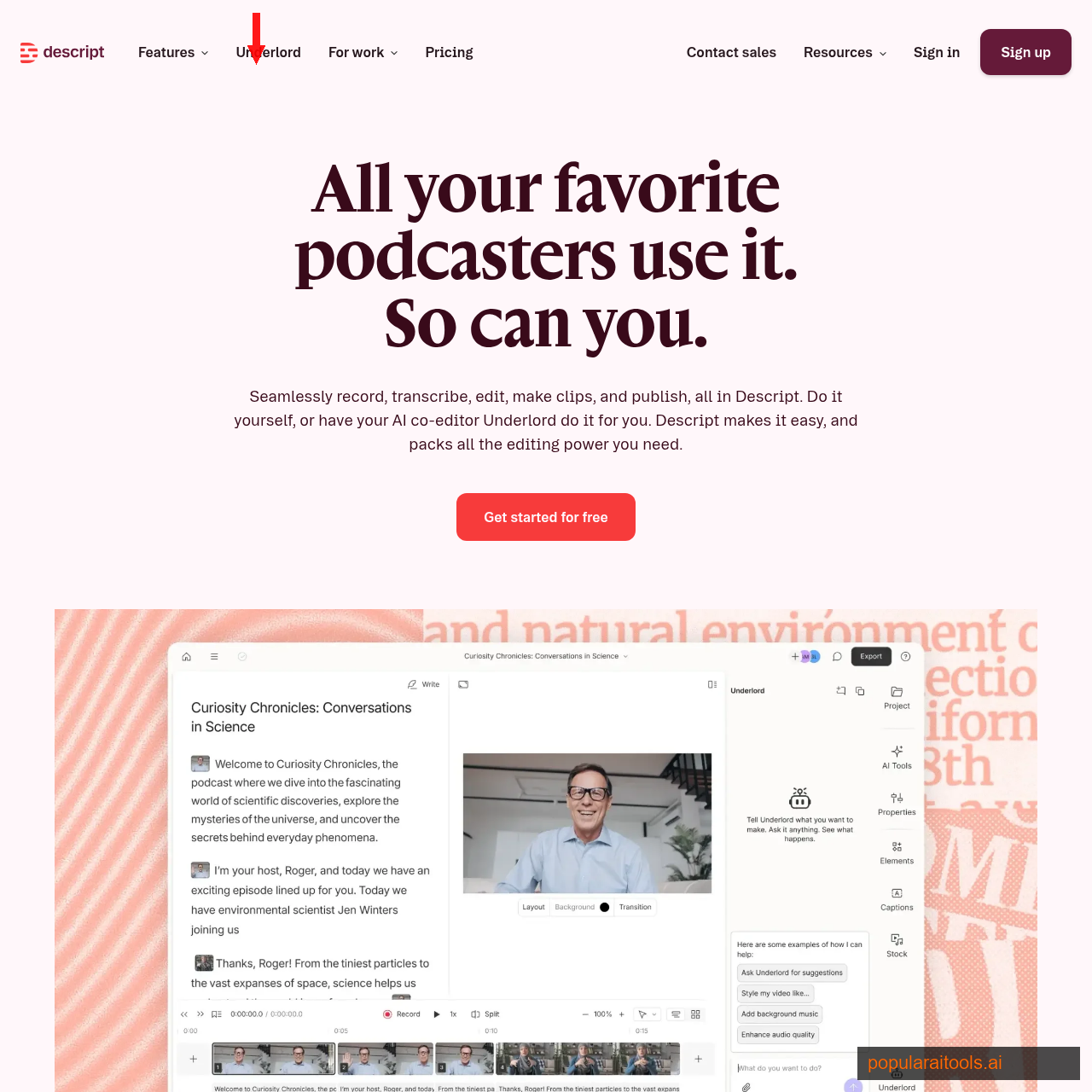 Descript podcast editing interface with multitrack audio and transcription