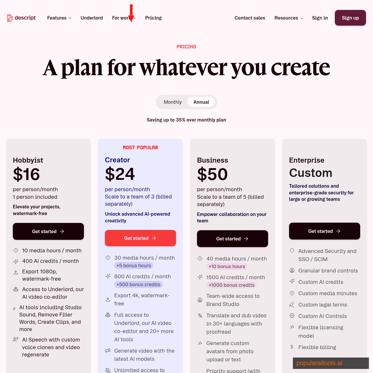 Descript pricing page showing Hobbyist, Creator, Business, and Enterprise plans