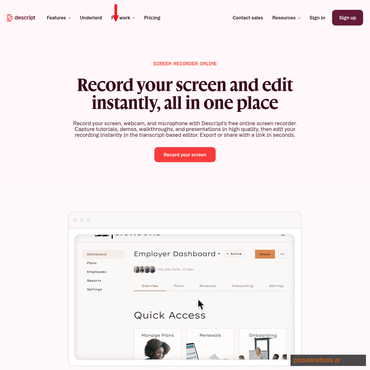 Descript screen recorder feature for capturing screens with AI editing
