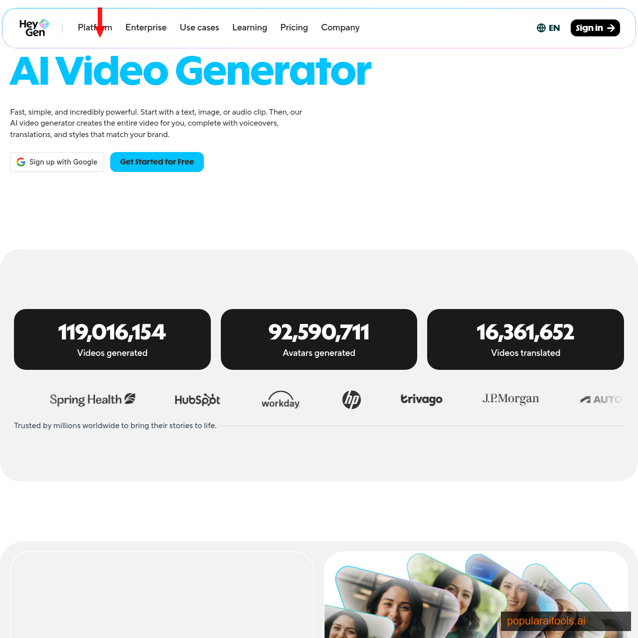 HeyGen homepage showing AI Video Generator with 119M+ videos generated and 92M+ avatars