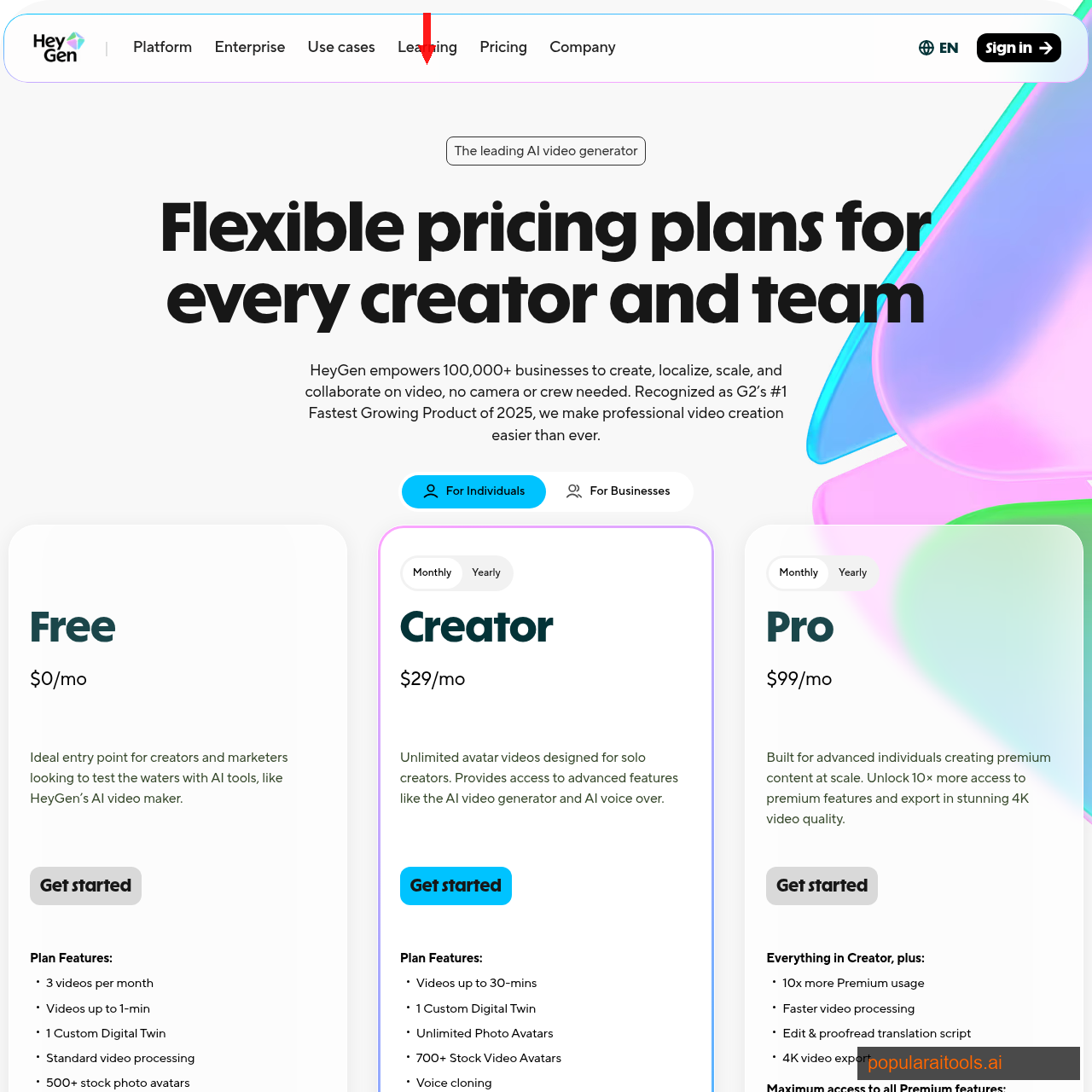 HeyGen pricing page showing Free, Creator, Pro, and Business plans