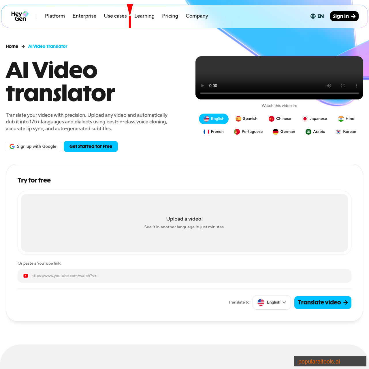 HeyGen video translation feature showing lip sync dubbing in 175 languages