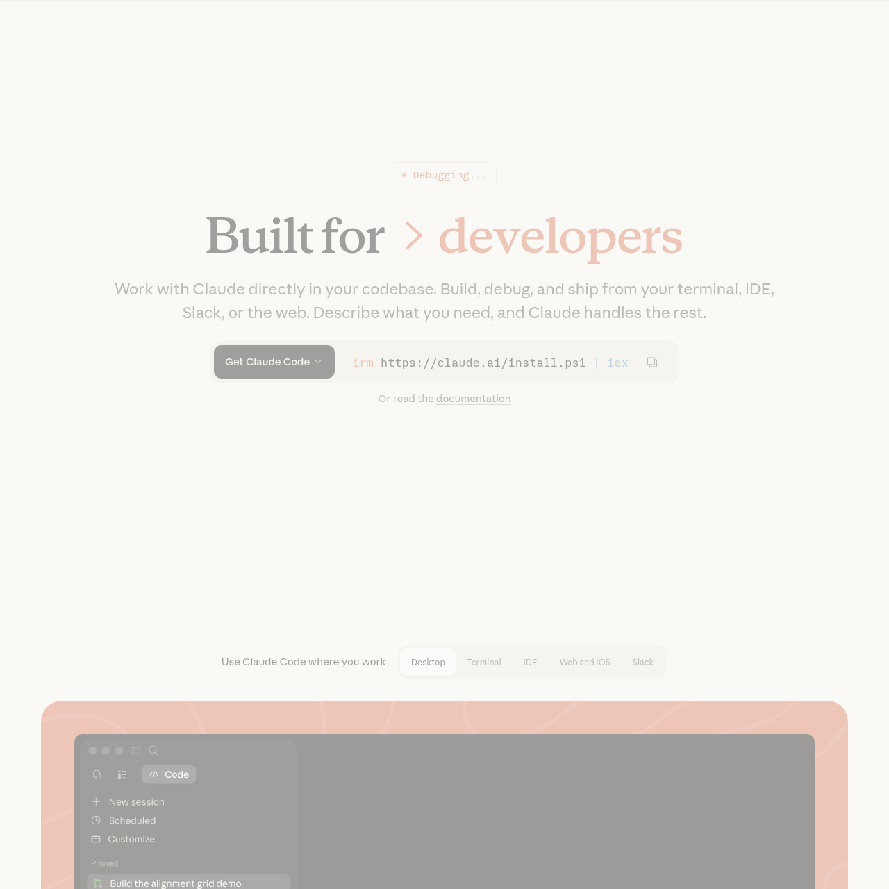Claude Code Built for developers landing page