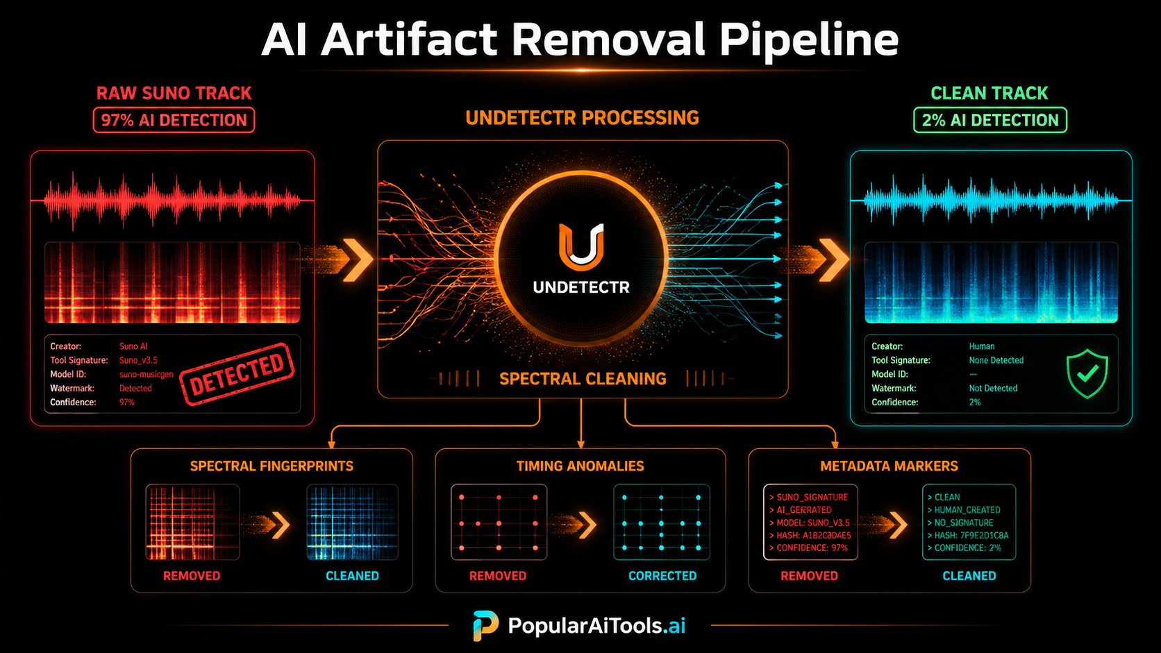 AI Artifact Removal Pipeline diagram showing Raw Suno Track at 97% AI detection flowing through Undetectr spectral cleaning to Clean Track at 2% AI detection