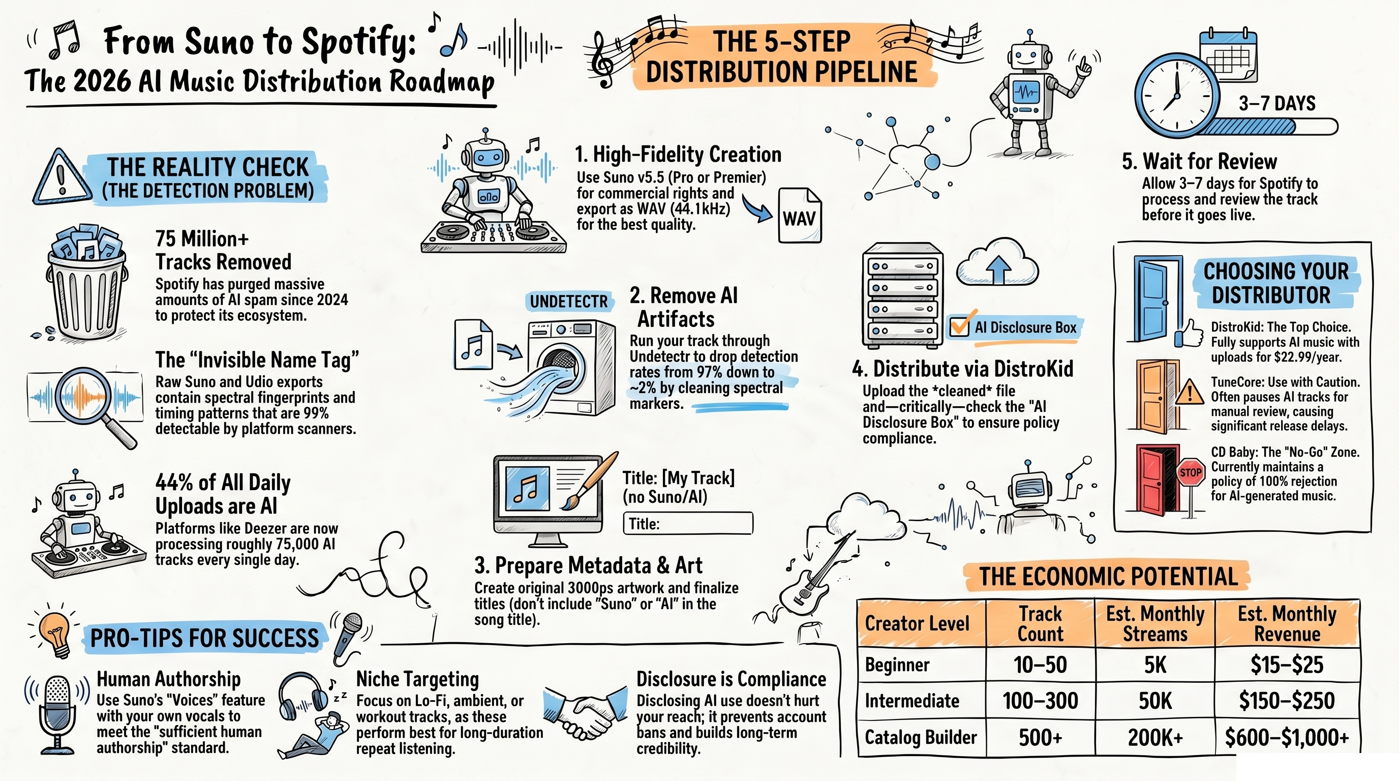 From Suno to Spotify: The 2026 AI Music Distribution Roadmap showing the 5-step pipeline, detection problem, distributor comparison, and economic potential