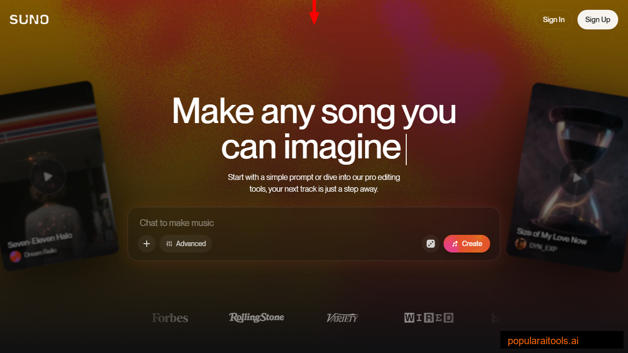 Suno AI music generator homepage showing Make any song you can imagine interface