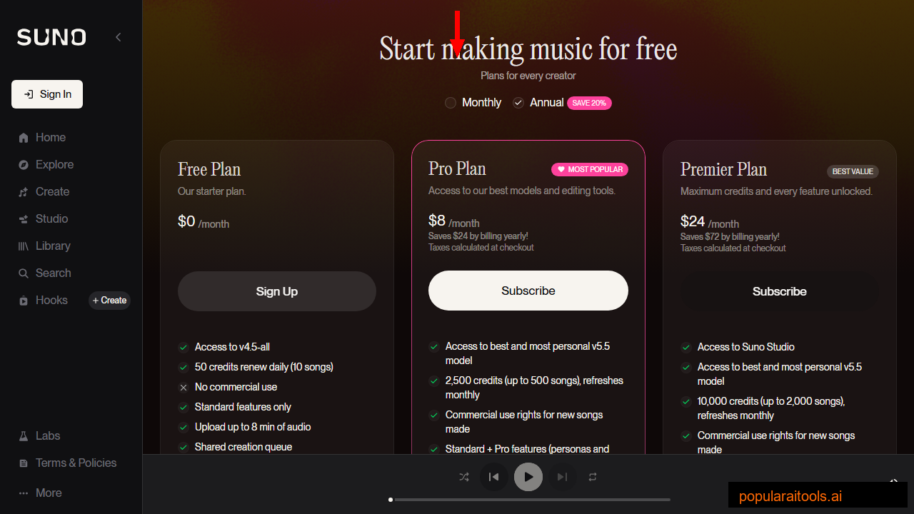 Suno pricing page showing Free, Pro at $10/month, and Premier at $30/month plans with commercial use rights