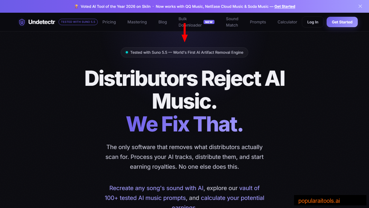 Undetectr homepage showing Distributors Reject AI Music We Fix That headline