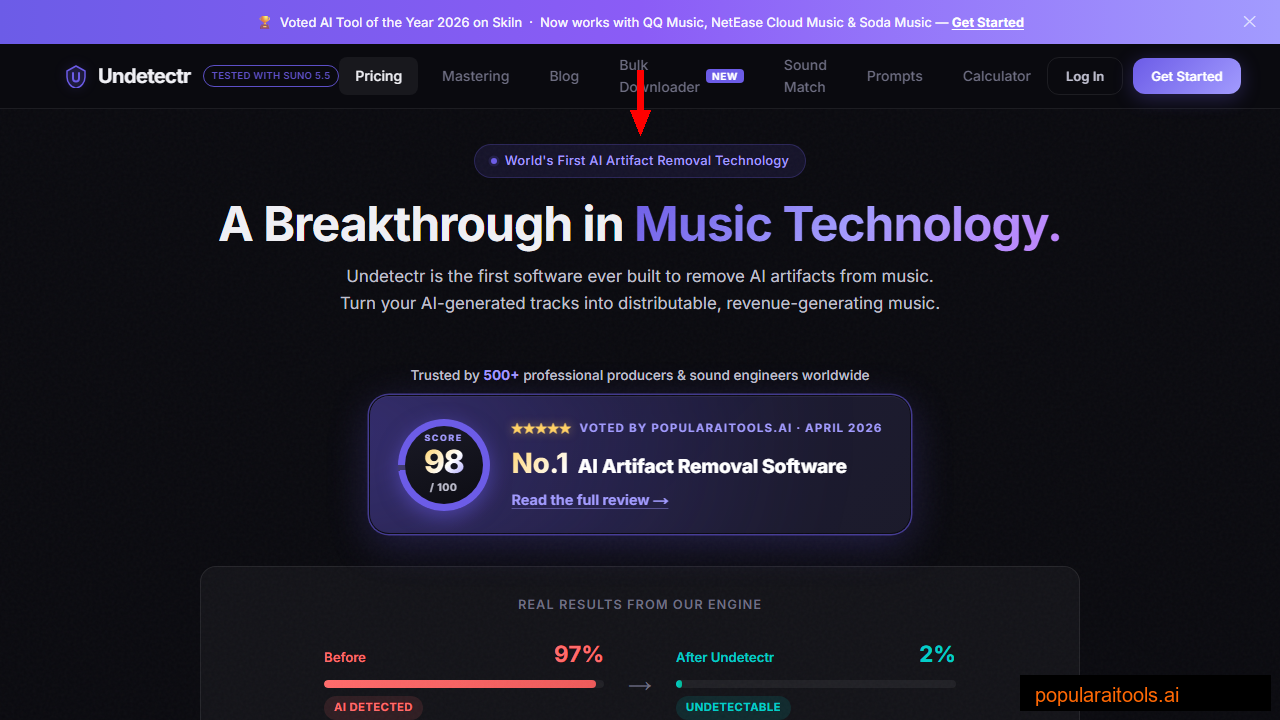 Undetectr pricing page showing 97% to 2% AI detection reduction and number one rated artifact removal software
