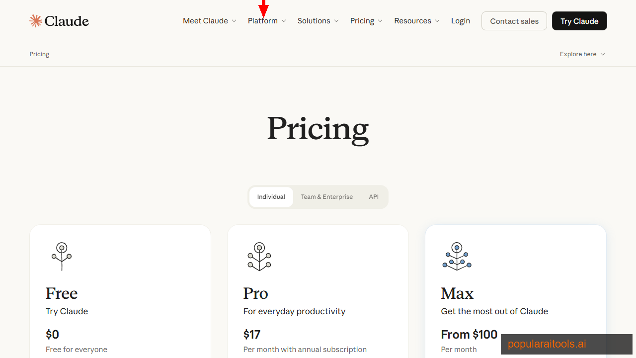 Claude pricing page showing Free, Pro, and Max tiers