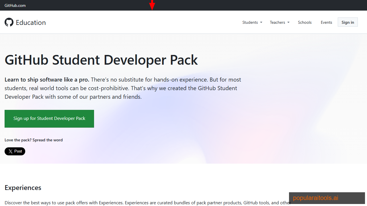 GitHub Education Student Developer Pack page