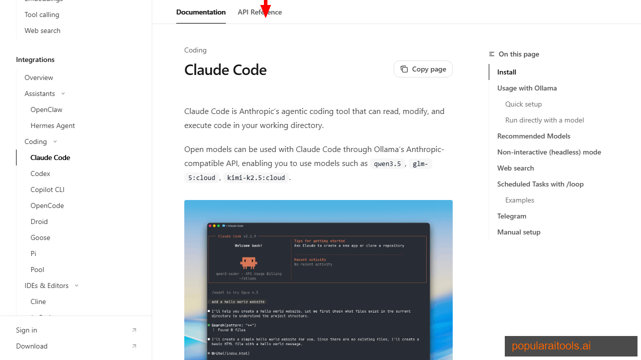 Ollama documentation showing Claude Code integration