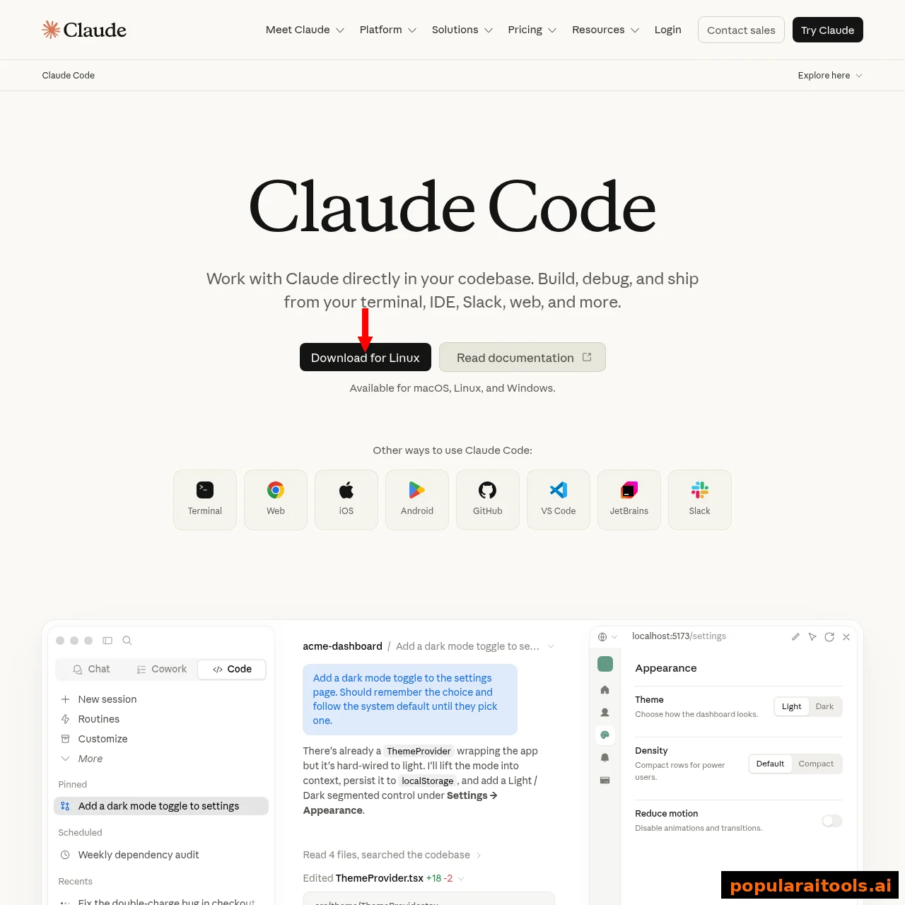 Claude Code product page showing download options for terminal, web, iOS, Android, GitHub, VS Code, JetBrains and Slack