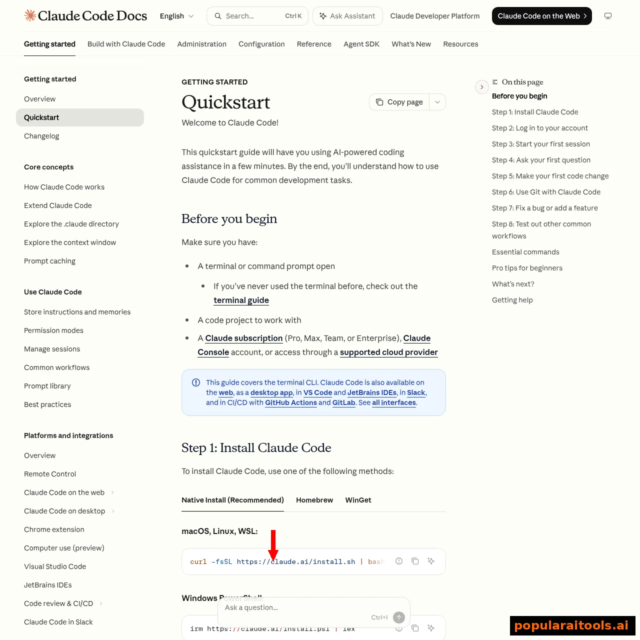 Claude Code quickstart documentation showing the curl install command for macOS, Linux and WSL