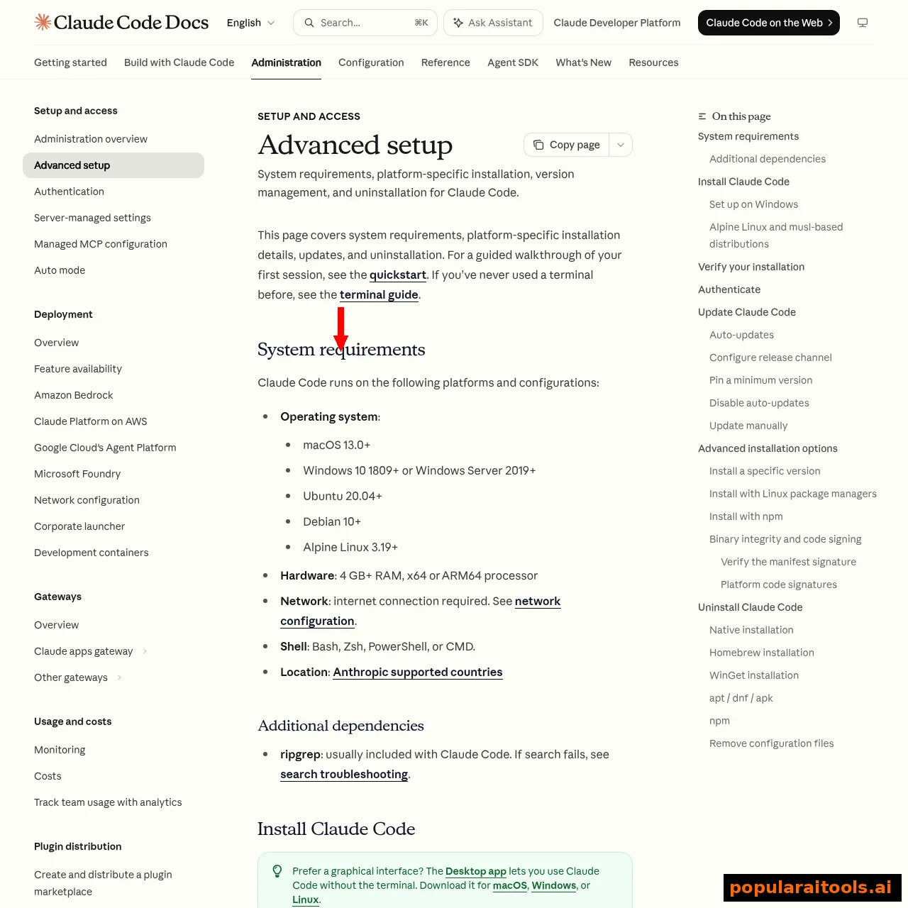 Claude Code advanced setup documentation listing system requirements for macOS, Windows and Linux