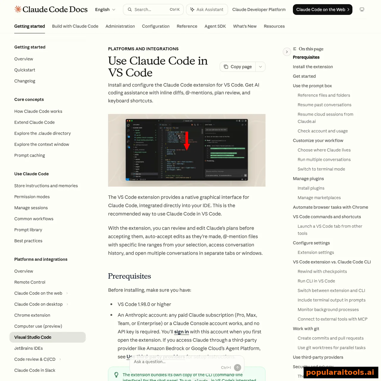 Claude Code VS Code extension documentation showing the integrated editor interface