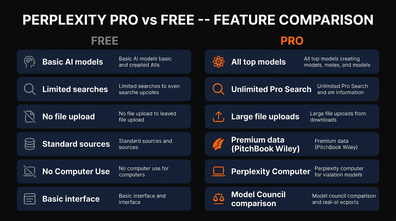 Perplexity Pro vs Free feature comparison showing models, sources, and capabilities