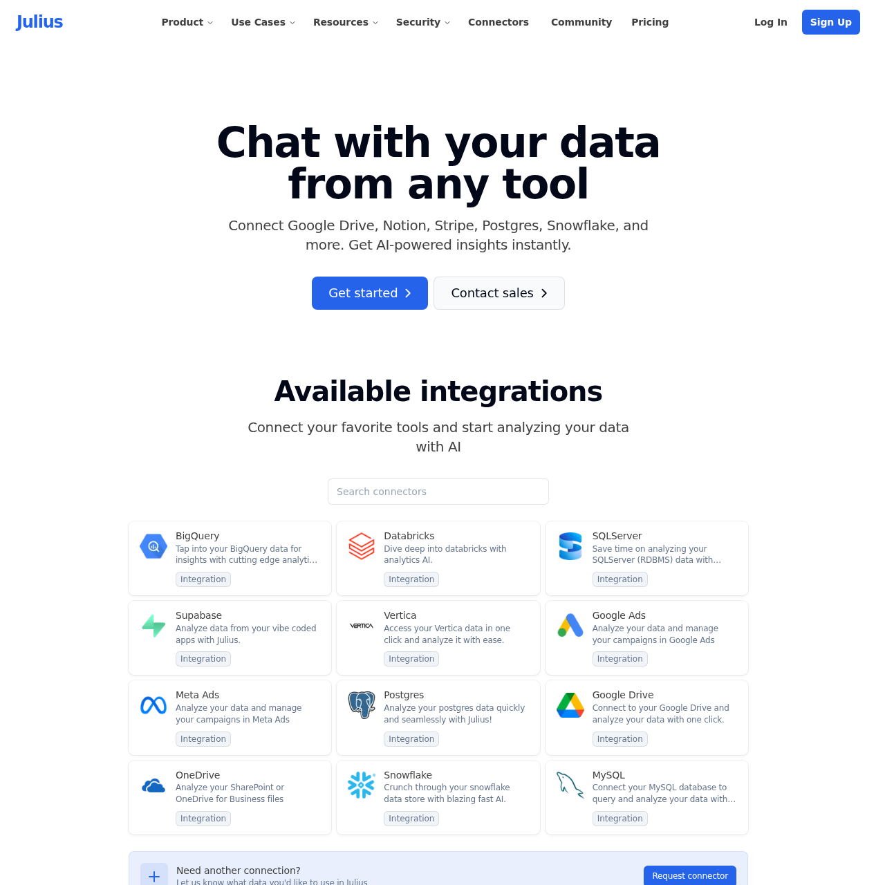 Julius AI connectors page showing Snowflake, BigQuery, Postgres, Databricks, MySQL, SQL Server, Google Drive, OneDrive, SharePoint integrations
