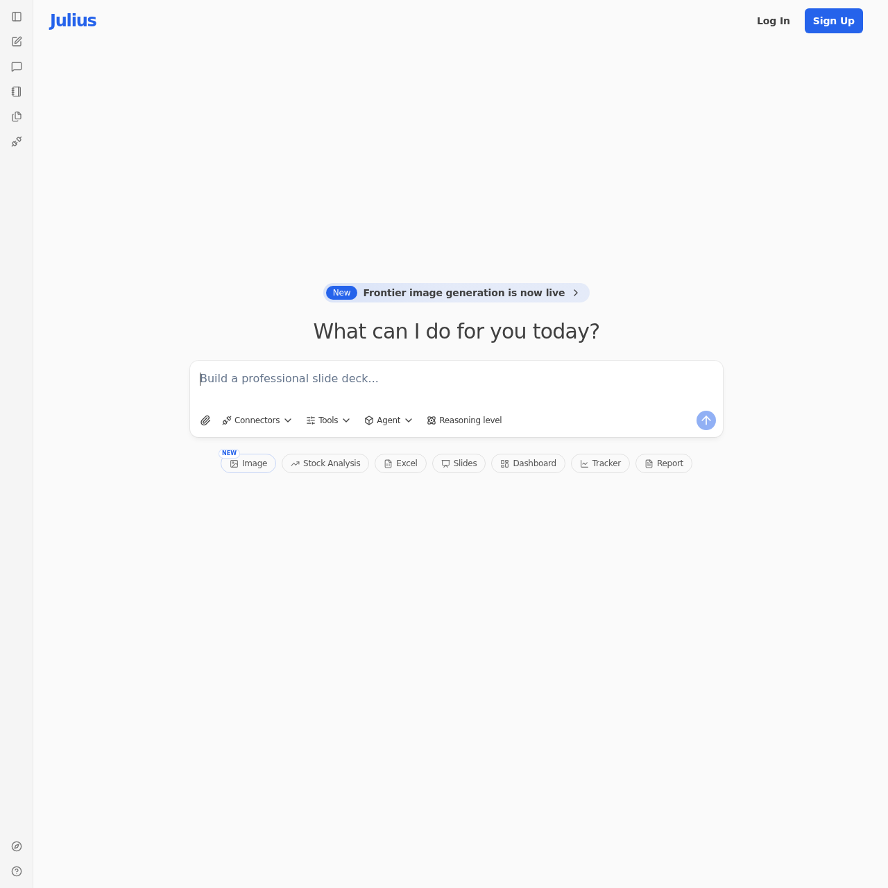 Julius AI homepage showing natural language data analysis with Python and R code generation