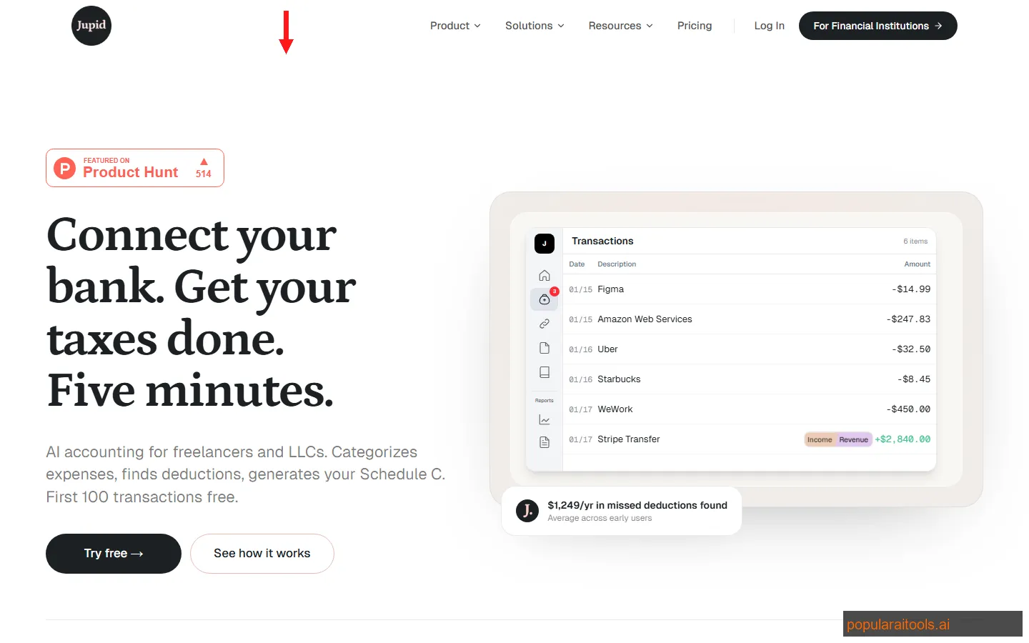 Jupid AI homepage showing AI-native accounting platform for freelancers with Claude Code integration