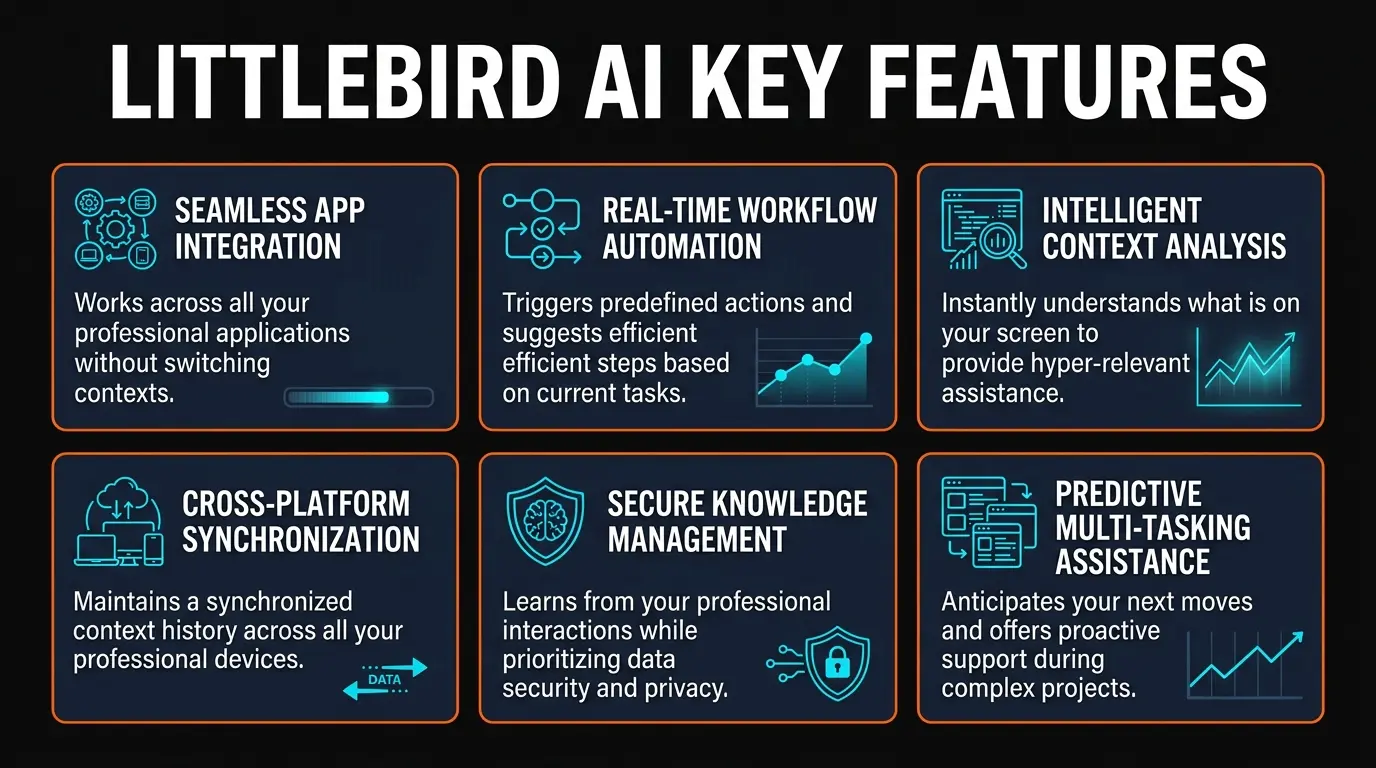 Littlebird AI features overview showing screen monitoring, meeting transcription, routines, and content creation capabilities
