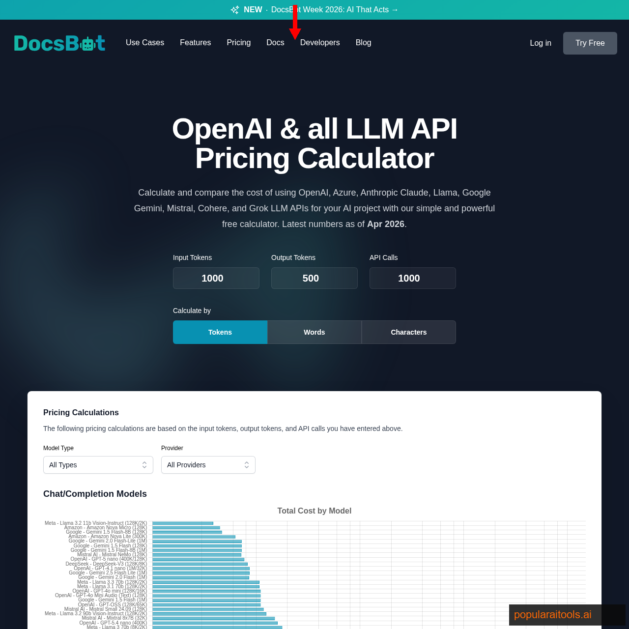 docsbot.ai pricing calculator — broad model list but stale prices