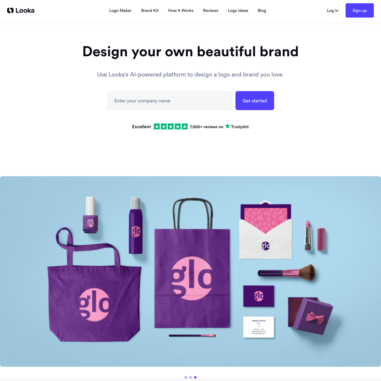 Looka homepage showing the AI logo maker and brand kit positioning