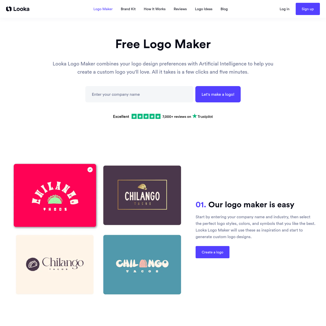 Looka logo maker workflow showing the step-by-step wizard from name entry through color selection