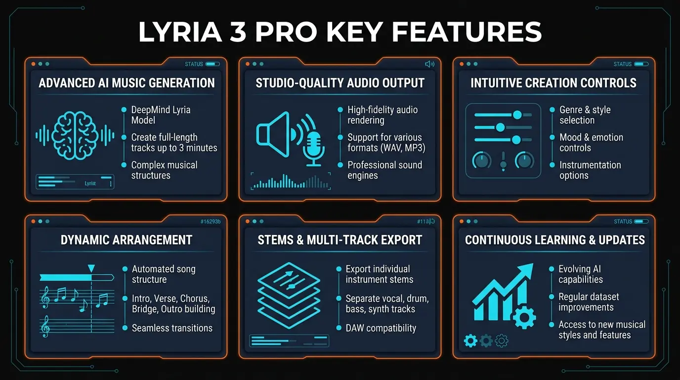 Lyria 3 Pro features overview showing 3-minute compositions, structured elements, high-fidelity output, SynthID, Dream Track, and multi-genre support