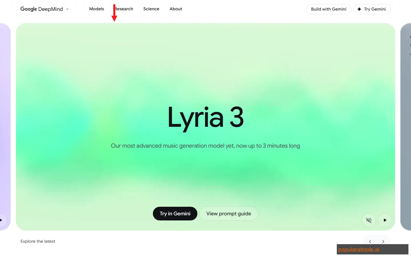 Google Lyria 3 Pro homepage showing DeepMind's AI music generation platform with prompt interface and audio controls