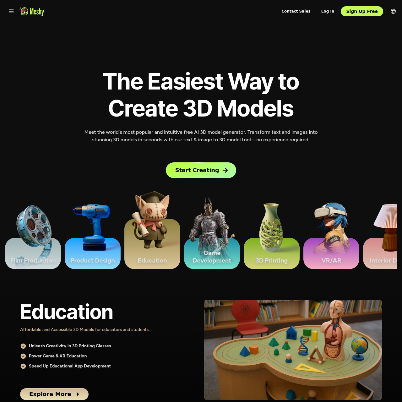 Meshy AI homepage showing text-to-3D and image-to-3D workflows for game and design assets