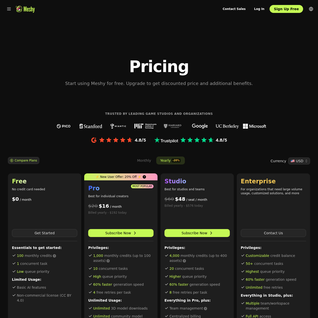 Meshy AI pricing page showing Free, Pro $20/mo, Studio $60/mo, and Enterprise tiers