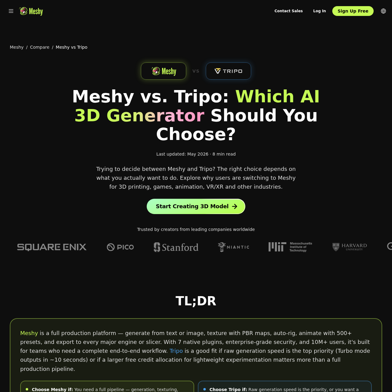 Meshy AI vs Tripo AI comparison page showing 63.8% preference for Meshy-6 in blind testing