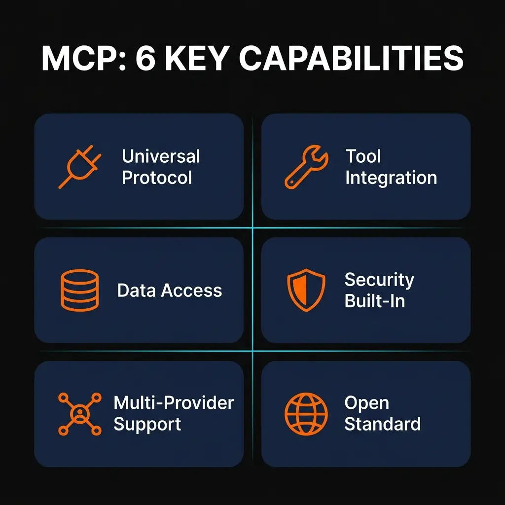 MCP 6 key capabilities infographic showing universal protocol, tool integration, data access, security, multi-provider support, and open standard