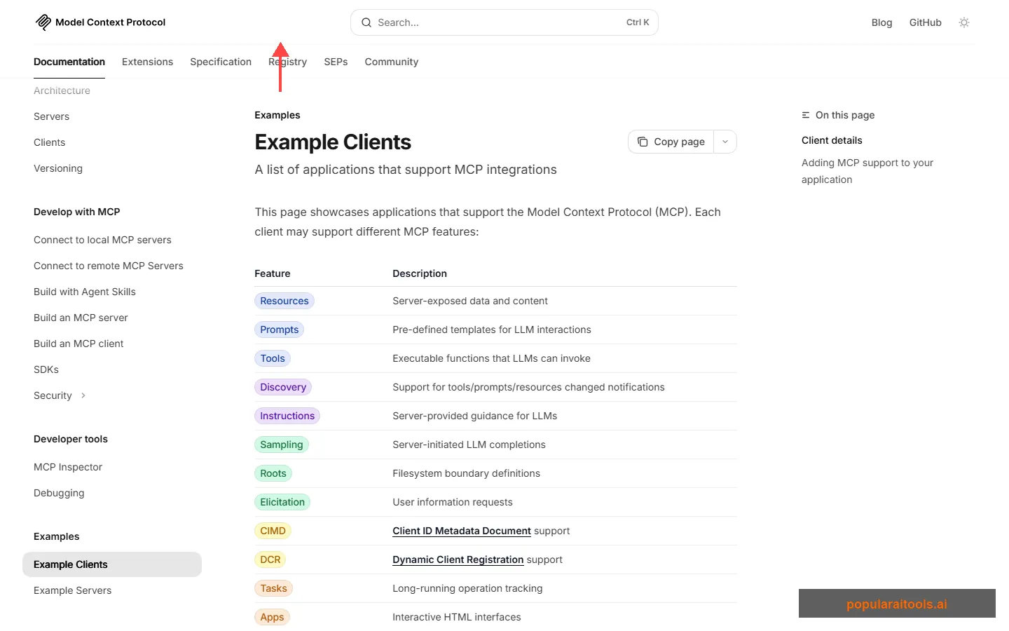 MCP clients page showing dozens of AI applications that support the protocol