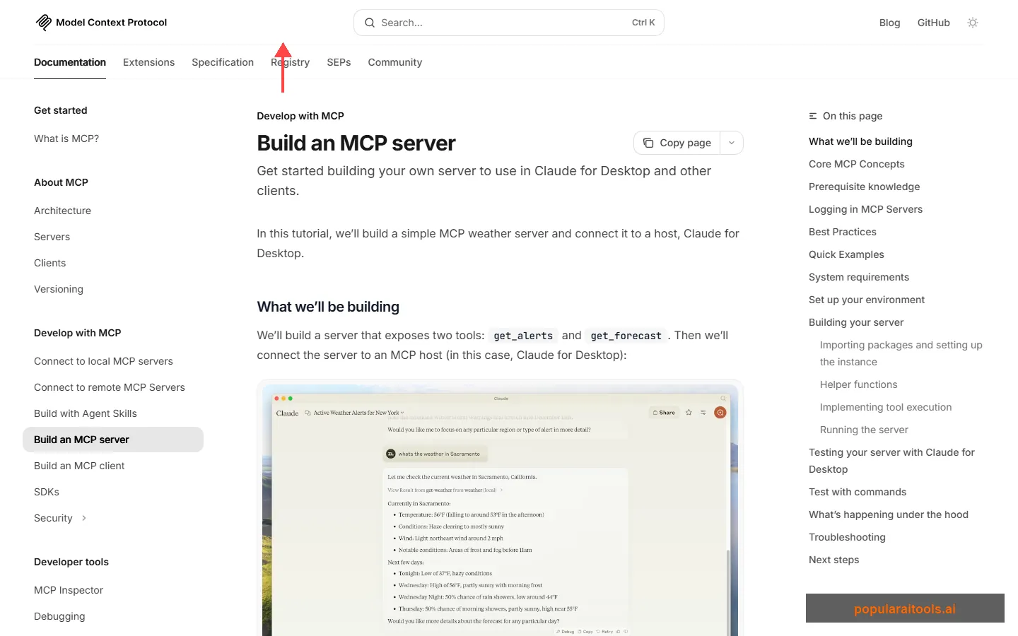 MCP quickstart documentation showing step-by-step instructions for building a weather server