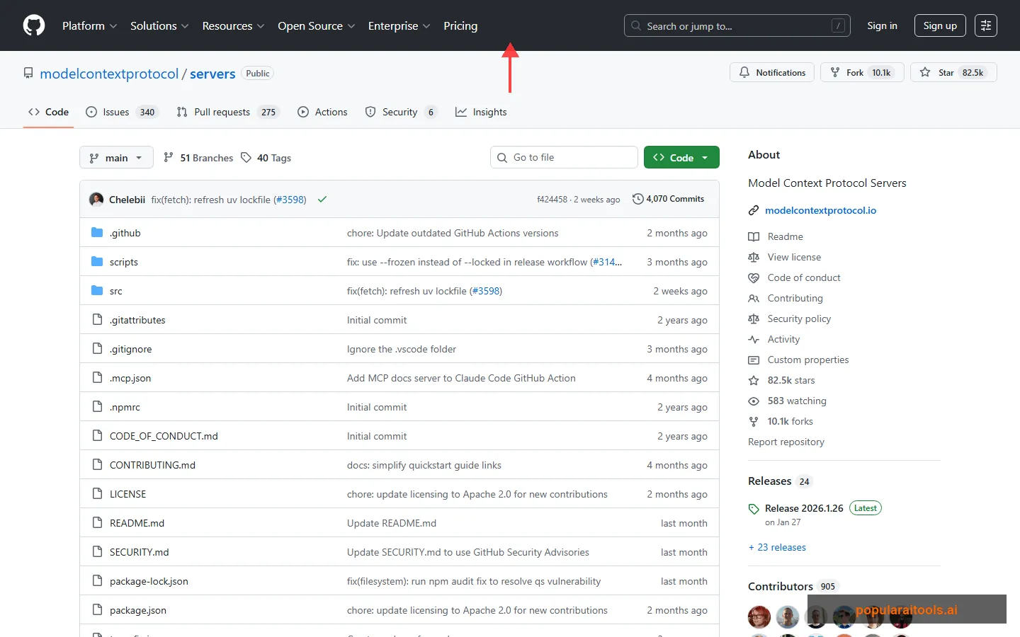 Official MCP servers repository on GitHub showing reference implementations and community servers