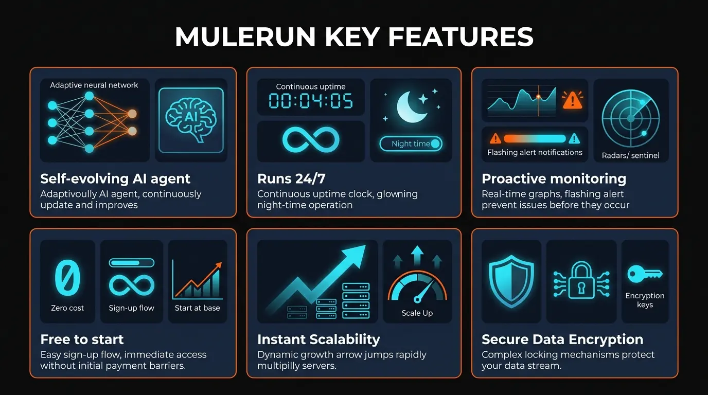 MuleRun features overview showing dedicated computer agent, self-evolving intelligence, proactive monitoring, multi-step workflows, data analysis, and content management capabilities